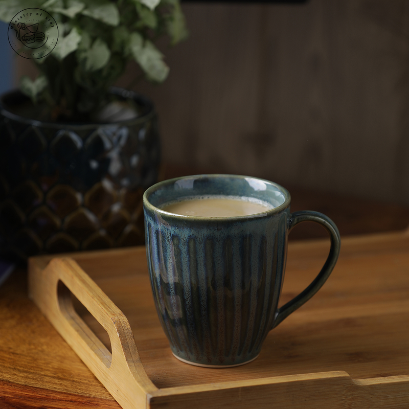 Ministry Of Klay Forest Green Groved Ceramic Coffee Mugs / Microwave Safe, Set of 2, 350ml each