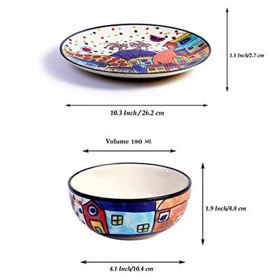 Freakway Ceramic 'Hut Dining Pack' Handpainted Serving Plate with Serving Bowl Dinnerware Set (Set of "4")(2 Plates 10 Inch & 2 Bowls, Multicolor)