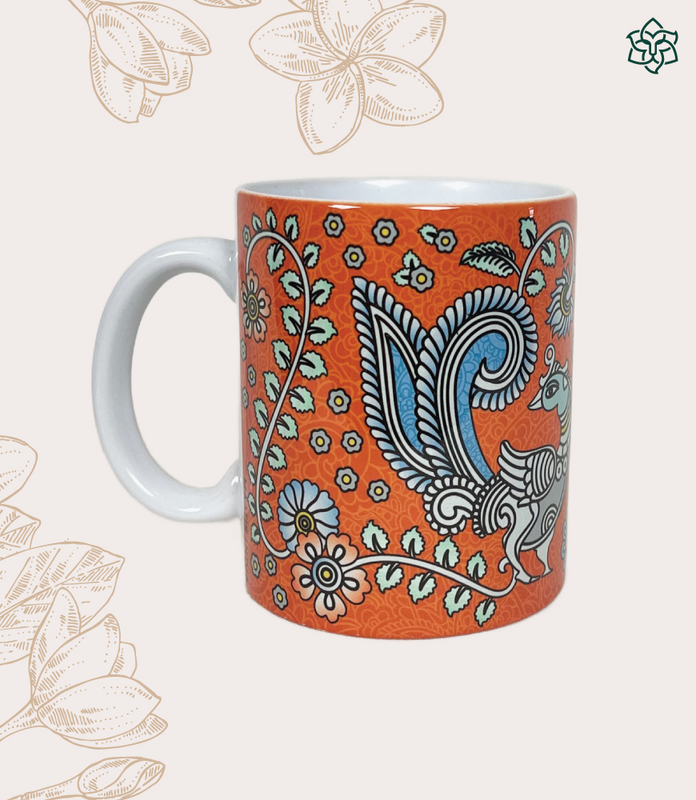 Maatir Souvenir Gift Premier India Orange Kalamkari Art Large Ceramic Coffee Mug 350 ml