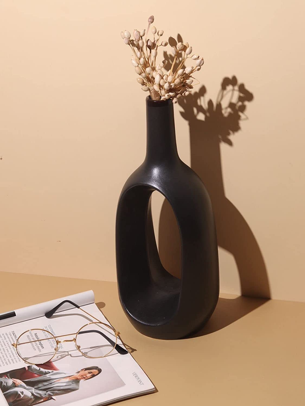 Craftribal Hollow Minimalist Flower Vase, Matte Finish, 12 Inches (Black), Ceramic