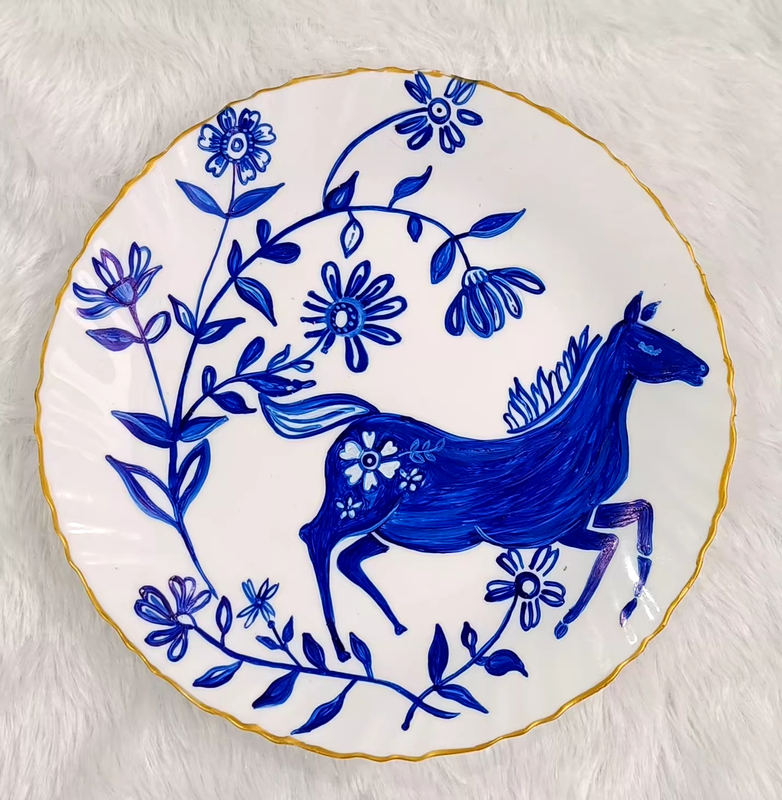 Hand Painted wallplate in Floral designs with Running Horse