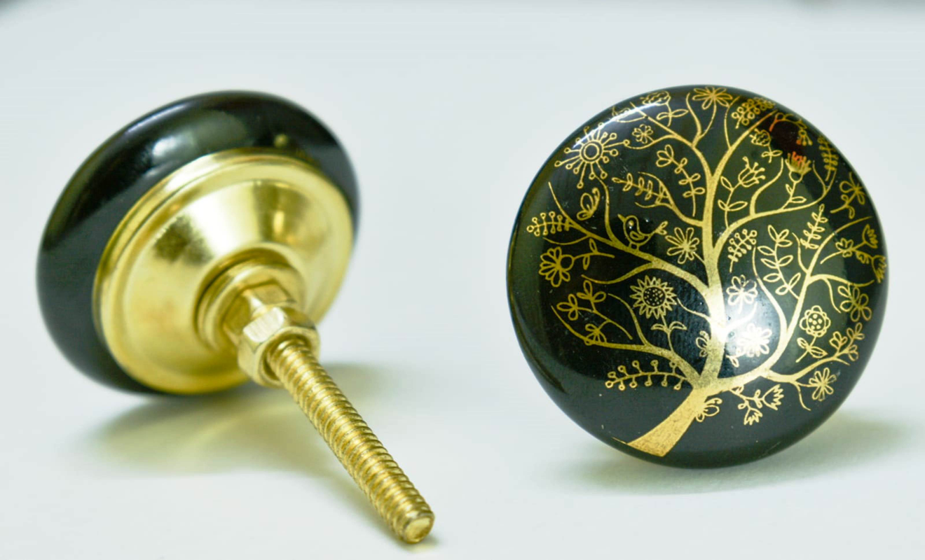 Black and Gold Ceramic Cabinet Drawer Pull/Knobs Hand Painted/Vintage Shabby Chic Cupboard Drawer Pull Handles/Kitchen Cabinet Pull , set of 10
